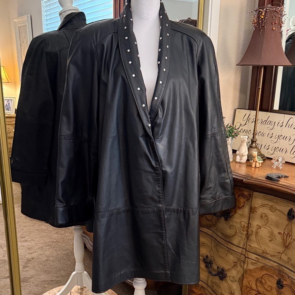 Vintage Rhinestone Studded Black Leather Women's Jacket with Shoulder Pads